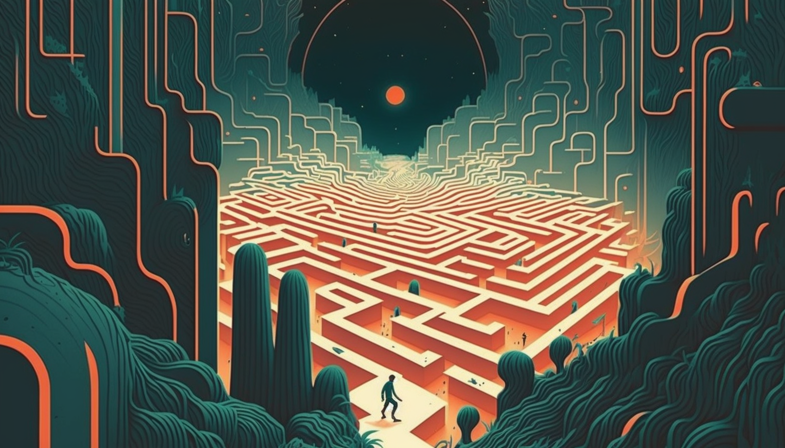 Generated in Midjourney with the prompt “Lost in a maze of consciousness: a surreal illustration of confusion and discovery, by Kilian Eng.”